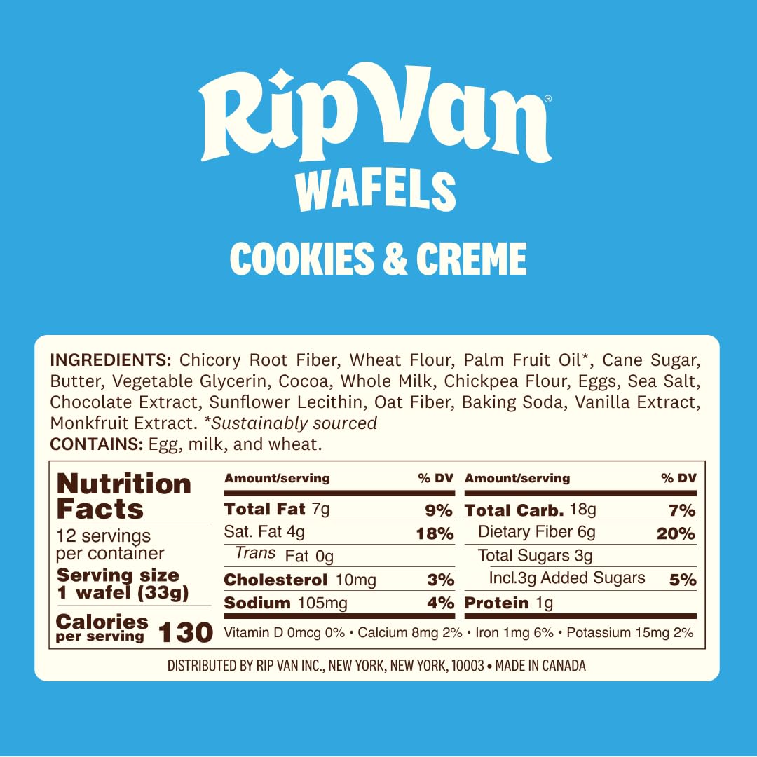 Rip Van Wafels nutrition facts card displays 3g sugar per waffle.