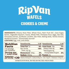 Rip Van Wafels nutrition facts card displays 3g sugar per waffle.