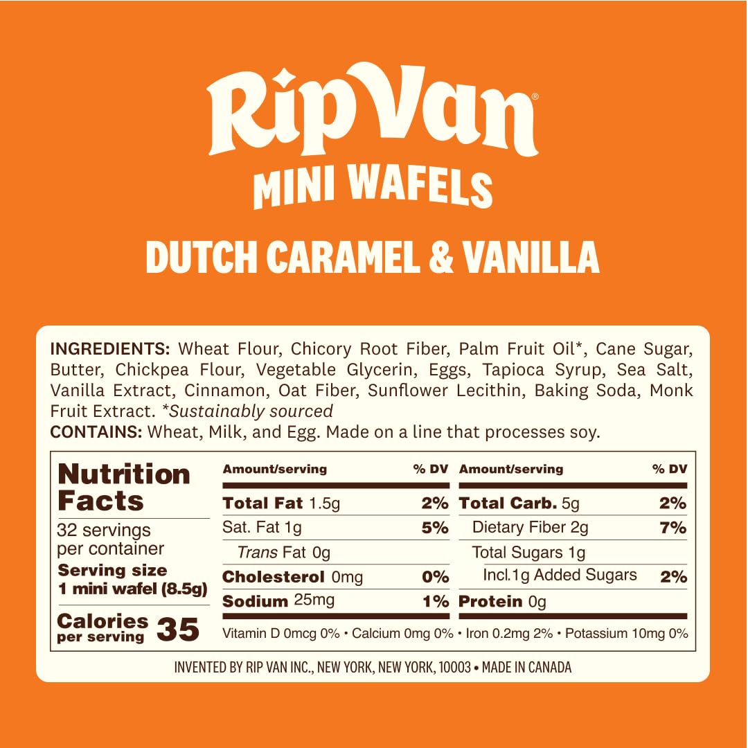 Rip Van Wafels nutrition panel image, low sugar and low carb highlights.