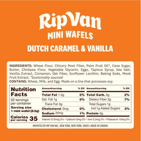 Rip Van Wafels nutrition panel image, low sugar and low carb highlights.