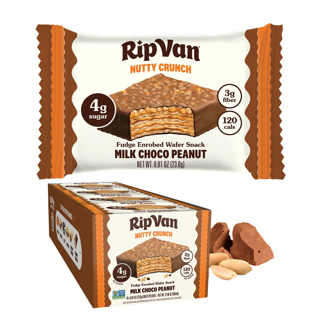Rip Van Wafels Nutty Crunch milk chocolate peanut wafers, crispy on-the-go snack.
