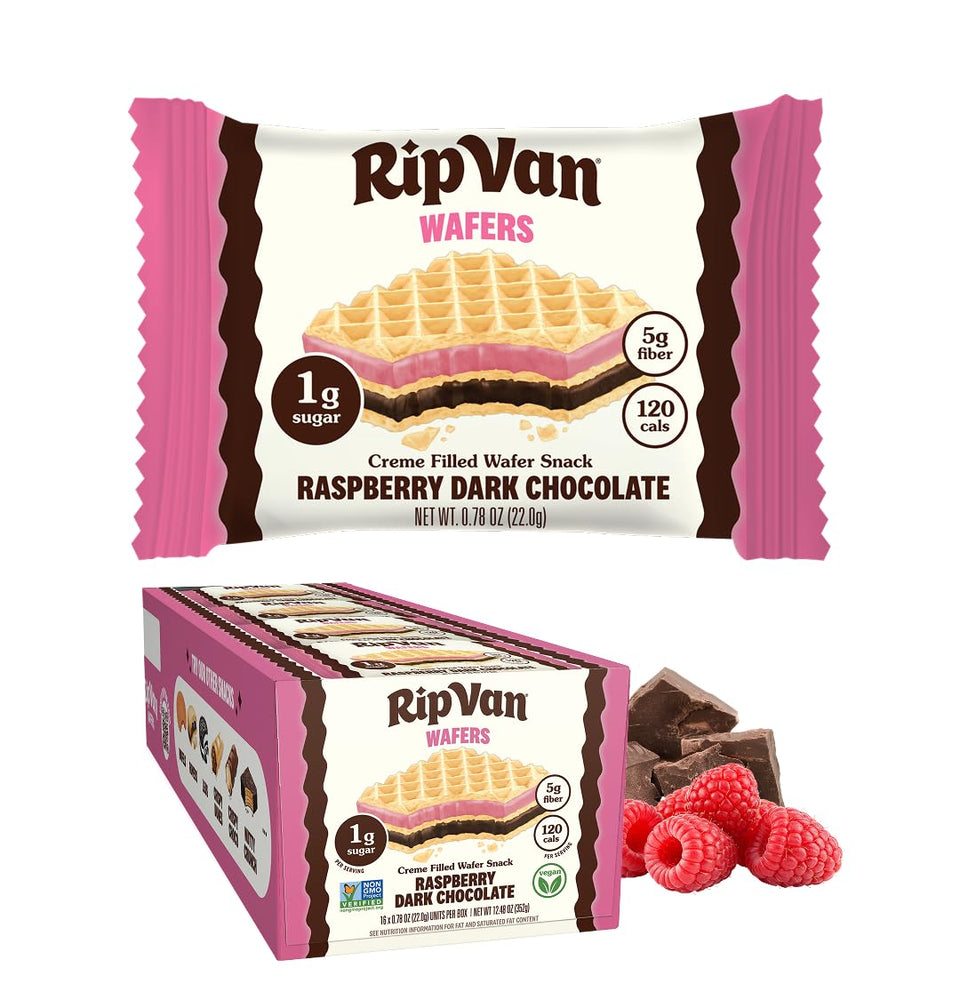 Rip Van Wafels Raspberry & Dark Chocolate wafer close-up with real raspberries for a tasty snack