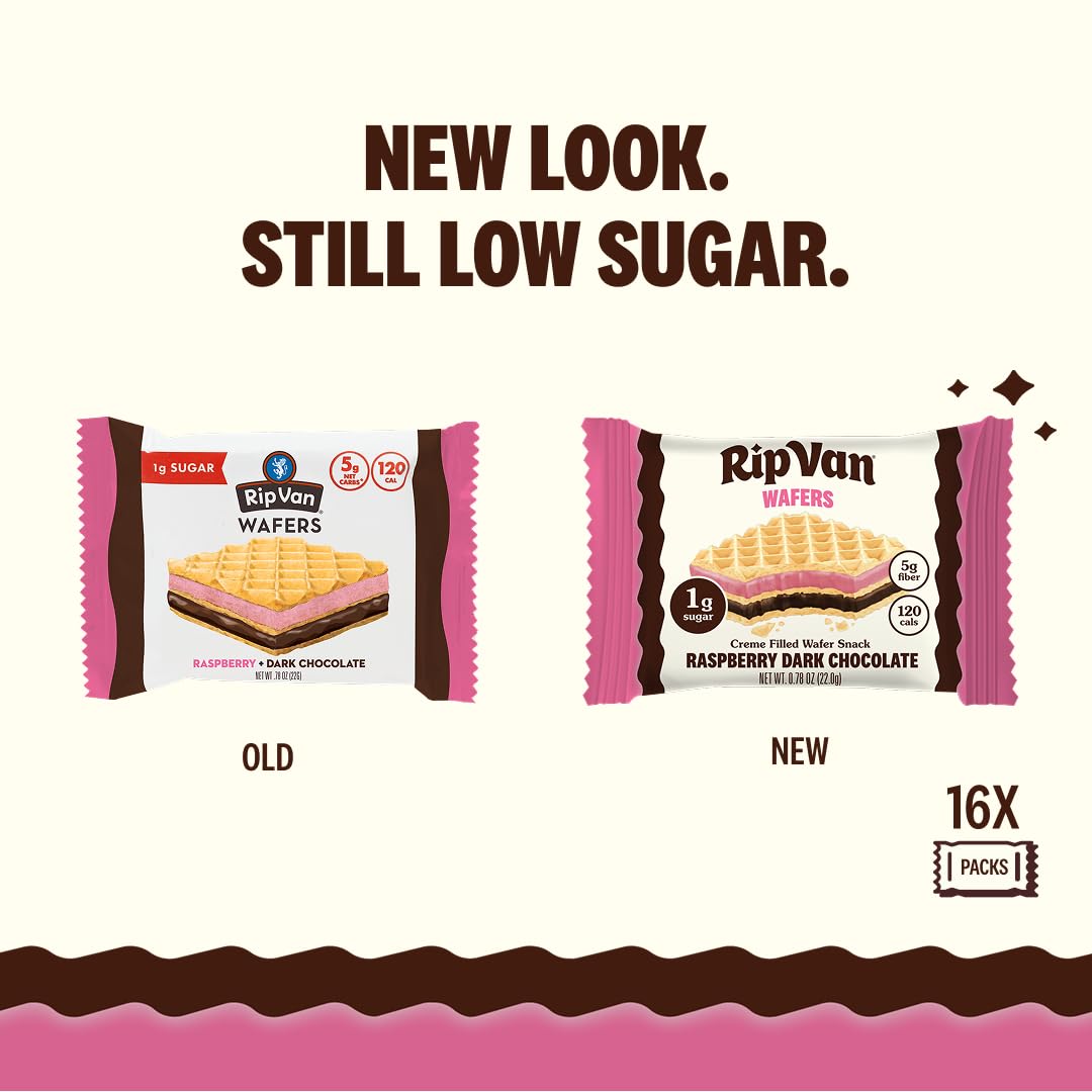 Rip Van Wafels Raspberry & Dark Chocolate wafer pack image, individually wrapped for on-the-go snacking