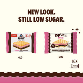 Rip Van Wafels Raspberry & Dark Chocolate wafer pack image, individually wrapped for on-the-go snacking