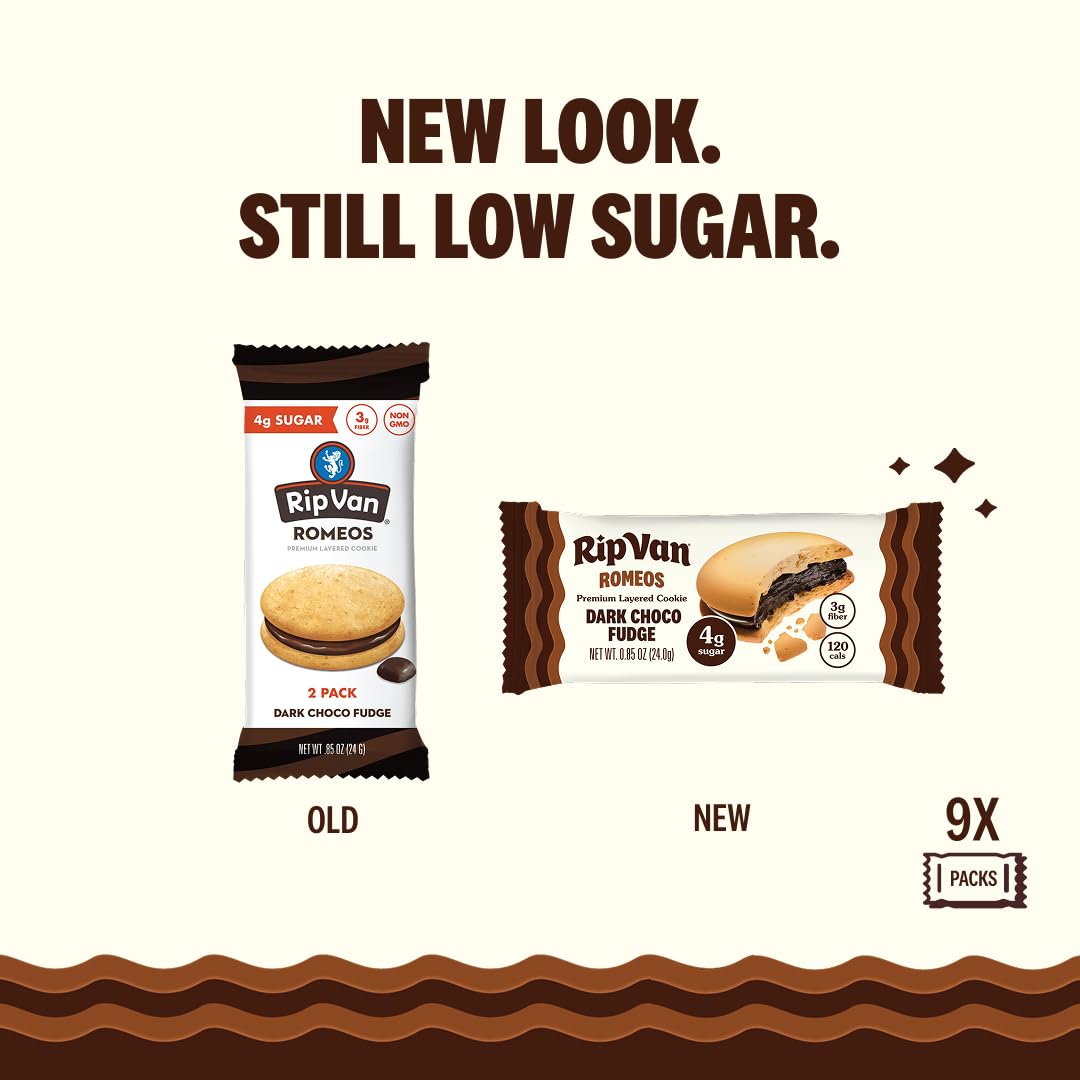 Rip Van Wafels Romeos dark chocolate fudge cookies close-up reveals rich texture.