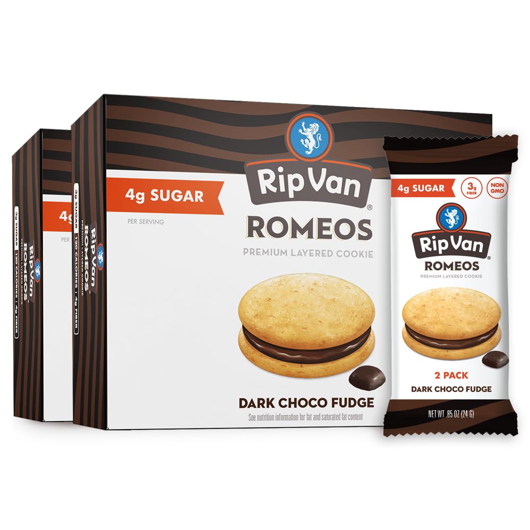 Rip Van Wafels Romeos packaging shows a two-pack box for on-the-go snacking.