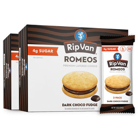 Rip Van Wafels Romeos packaging shows a two-pack box for on-the-go snacking.