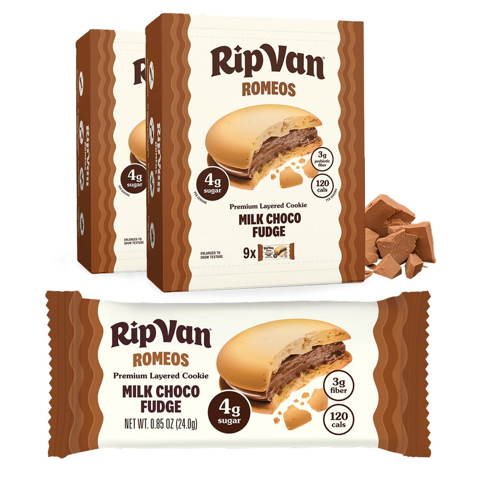 Rip Van Romeos Milk Choco Fudge cookies pack, ideal for on-the-go keto snacking.