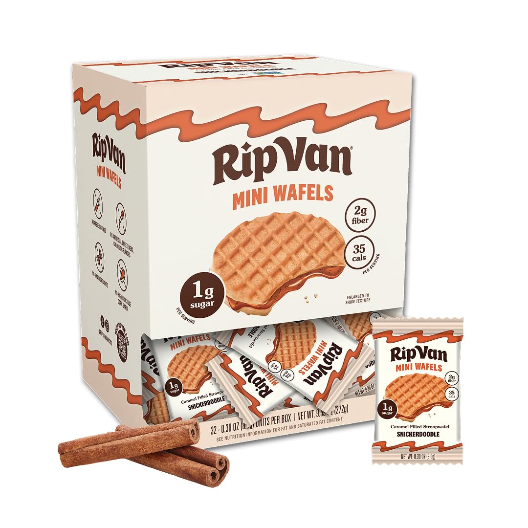 Rip Van Wafels Snickerdoodle mini stroopwafels box displays a low-carb snack option.