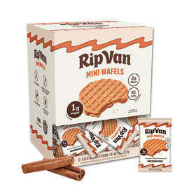 Rip Van Wafels Snickerdoodle mini stroopwafels box displays a low-carb snack option.