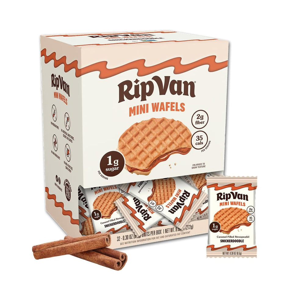 Rip Van Wafels Snickerdoodle mini stroopwafels box displays a low-carb snack option.