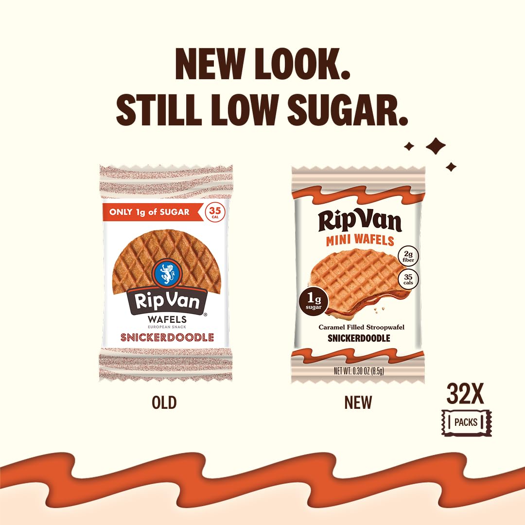 Rip Van Wafels mini stroopwafels close-up highlights cinnamon sugar flavor.