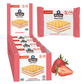 Rip Van Wafels strawberry keto wafer close-up highlights real strawberries for a vegan snack.