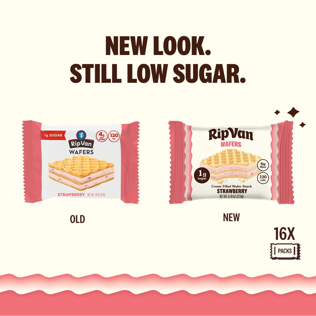 Rip Van Wafels strawberry wafer pack shows 16 individually wrapped portions for portability.