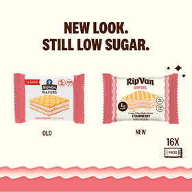 Rip Van Wafels strawberry wafer pack shows 16 individually wrapped portions for portability.
