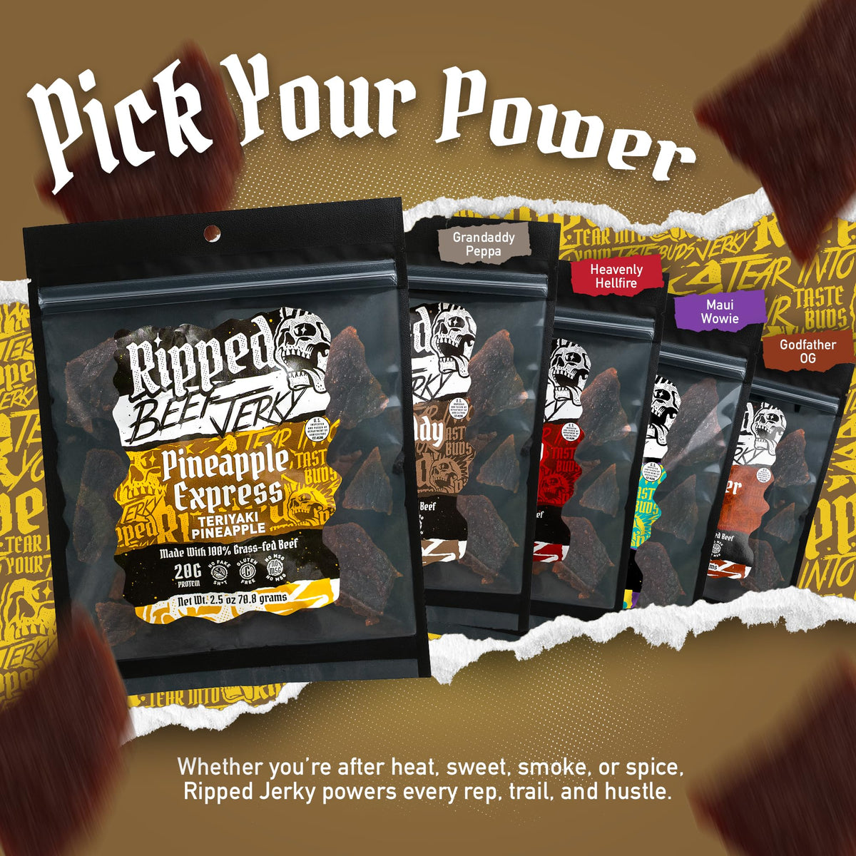 Ripped Beef Jerky made in USA badge on label for trusted snacking