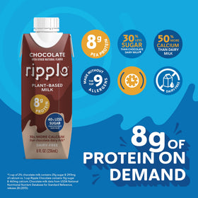 Ripple 12-pack display highlighting family-friendly, dairy-free chocolate milk