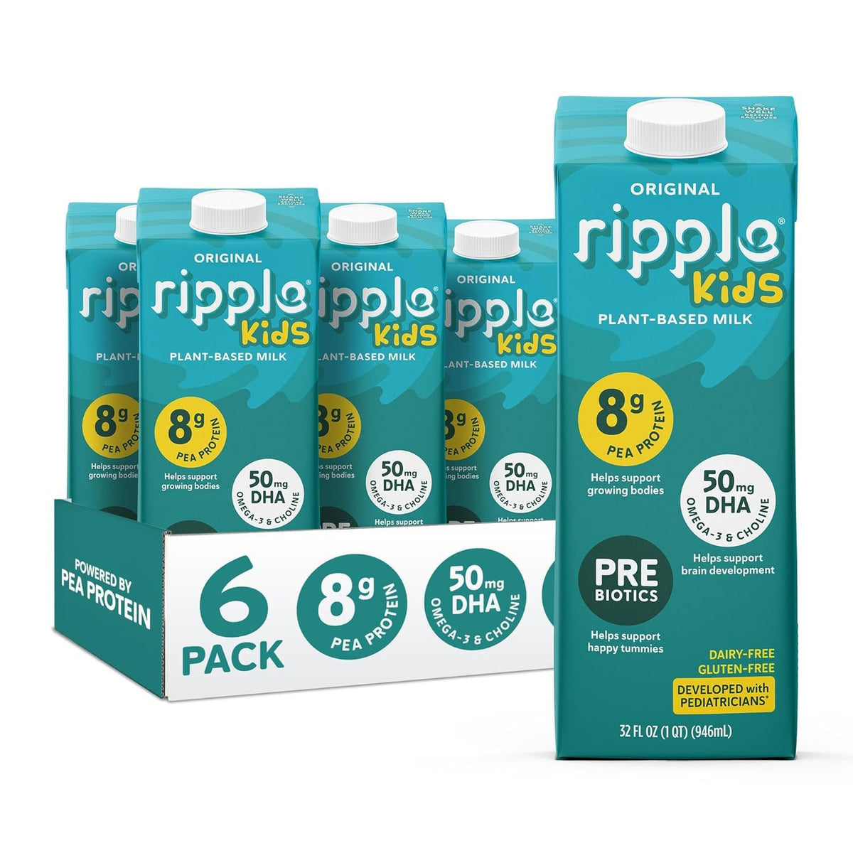 Ripple 32oz plant-based milk bottle highlighting 8g protein and calcium.