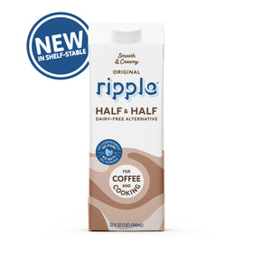 Ripple plant-based milk bottle front: calcium-rich dairy-free option for coffee.