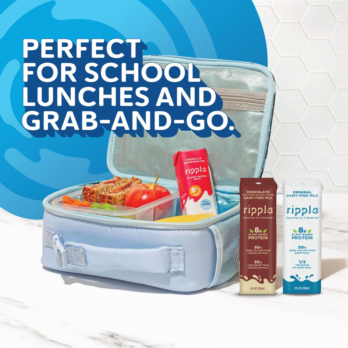 Ripple chocolate milk in lunchbox, gluten-free and non-GMO option