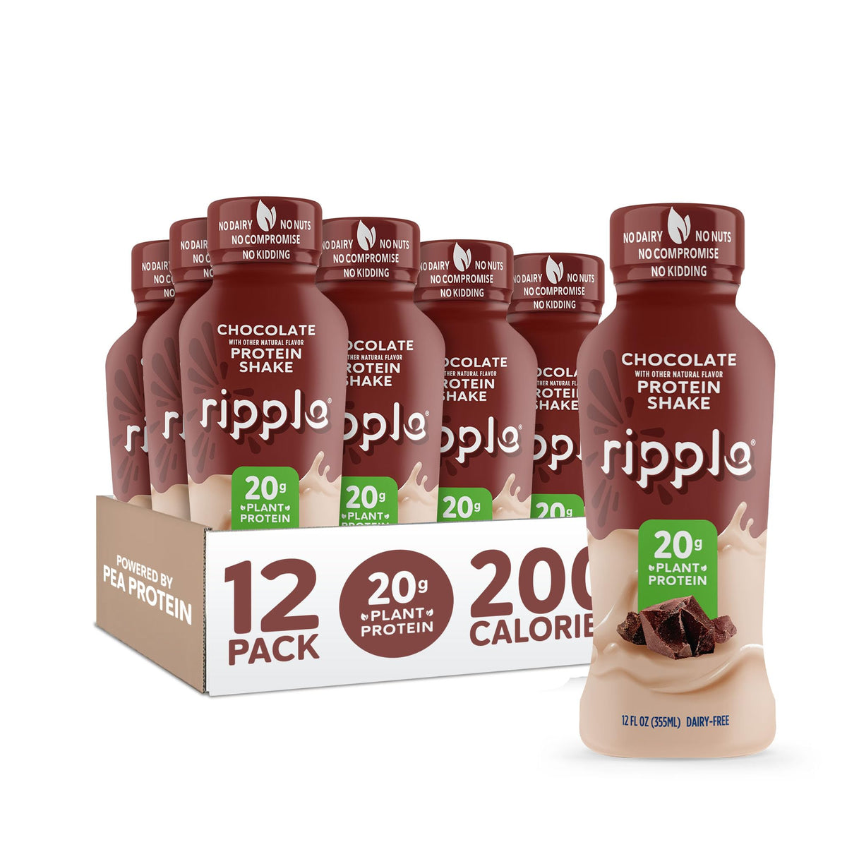 Ripple chocolate shake bottle shows creamy plant-based protein in a ready-to-drink format