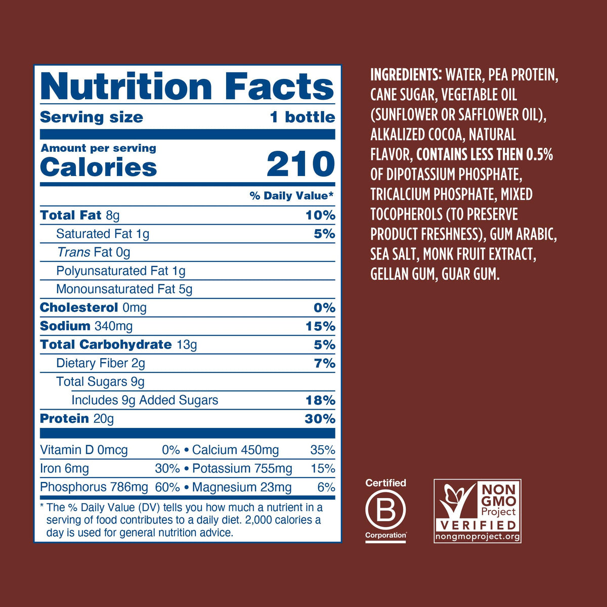 Ripple chocolate shake closeup text highlights 20g plant-based protein per serving