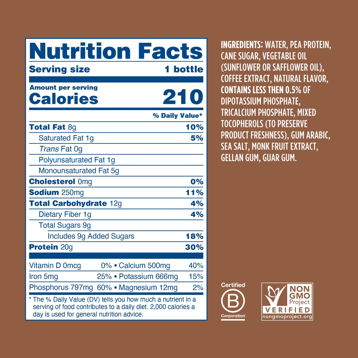 Ripple Coffee Protein Shake back shows calcium and iron.