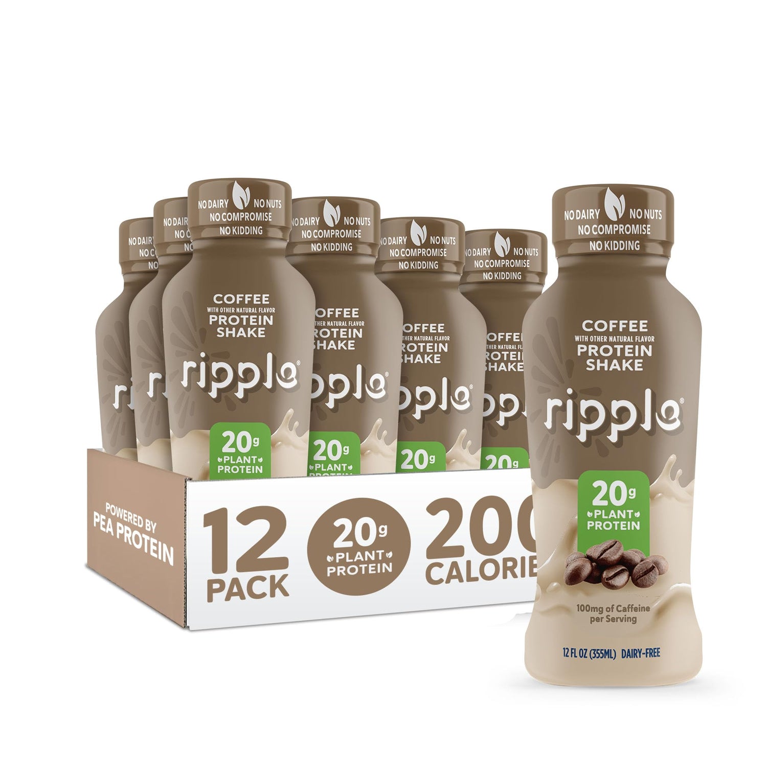 Ripple Coffee Protein Shake bottle front with 20g pea protein and caffeine.