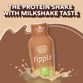 Ripple Coffee Protein Shake on kitchen counter with fruit.