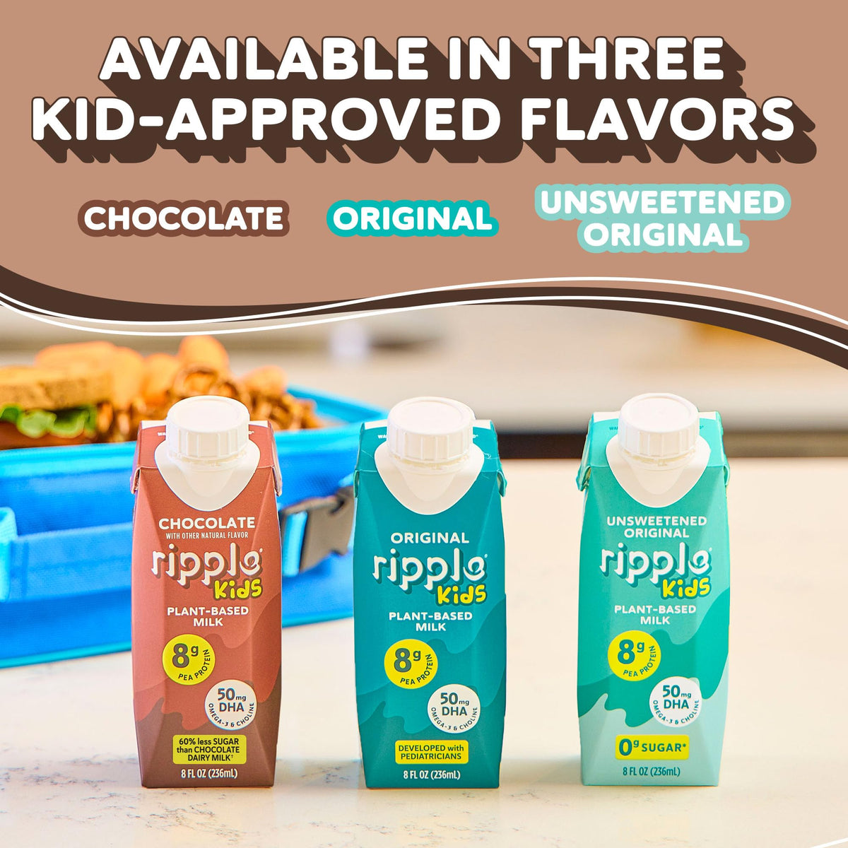 Ripple Kids Chocolate Milk ingredient panel close-up, featuring pea protein