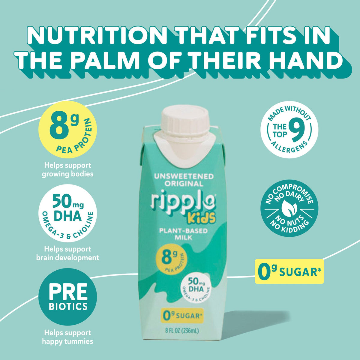 Ripple Kids Original Milk allergen-free label, dairy-free and nut-free.