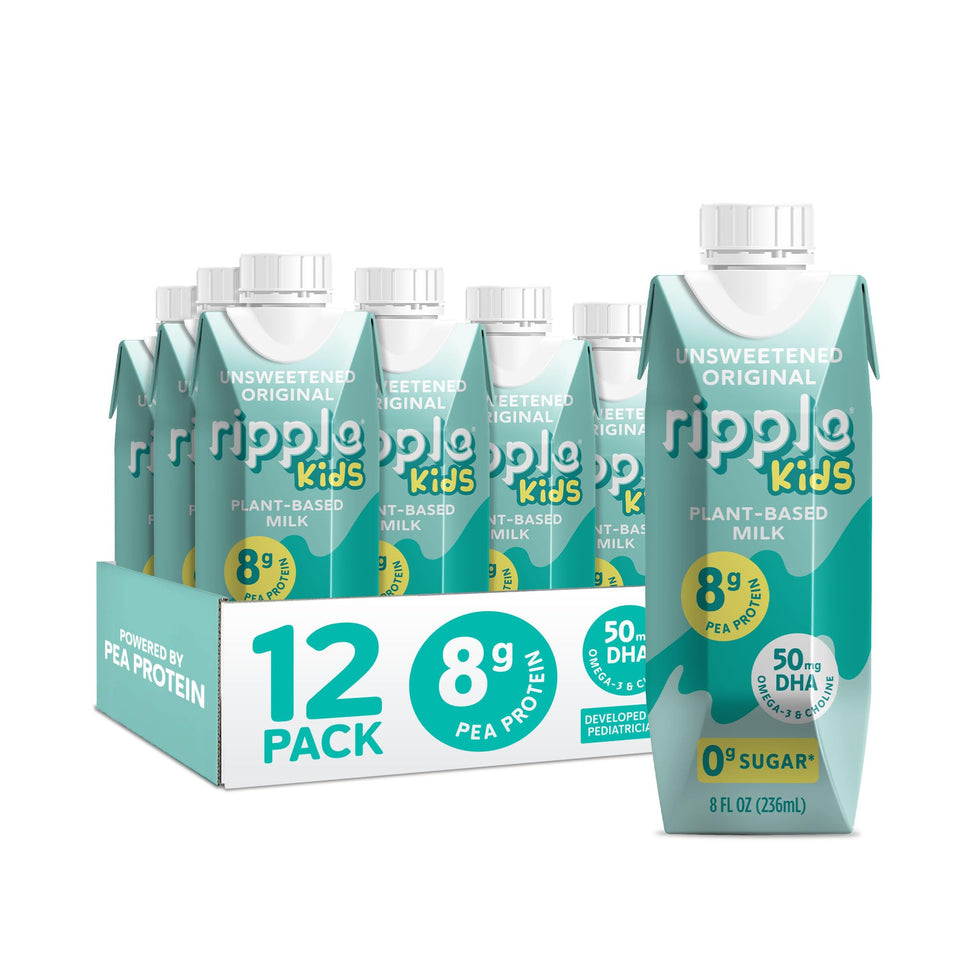 Ripple Kids Original Milk carton front, unsweetened dairy-free formula for growing kids.