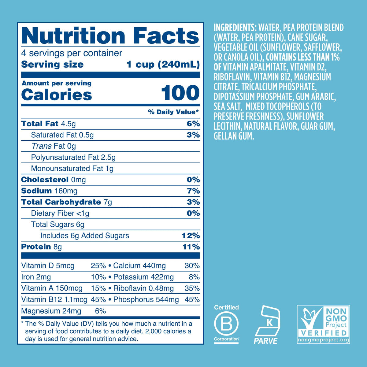 Ripple Original Plant Based Milk displays 8g pea protein per serving for everyday nutrition.