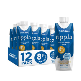 Ripple Original Plant Based Milk bottle pour demonstrates dairy-free protein option for breakfast.