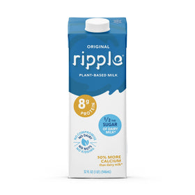 Ripple Original Plant Based Milk carton pack shows shelf-stable packaging for easy stocking.