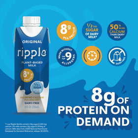 Ripple Original Plant Based Milk in coffee morning scene shows vegan, lactose-free option.