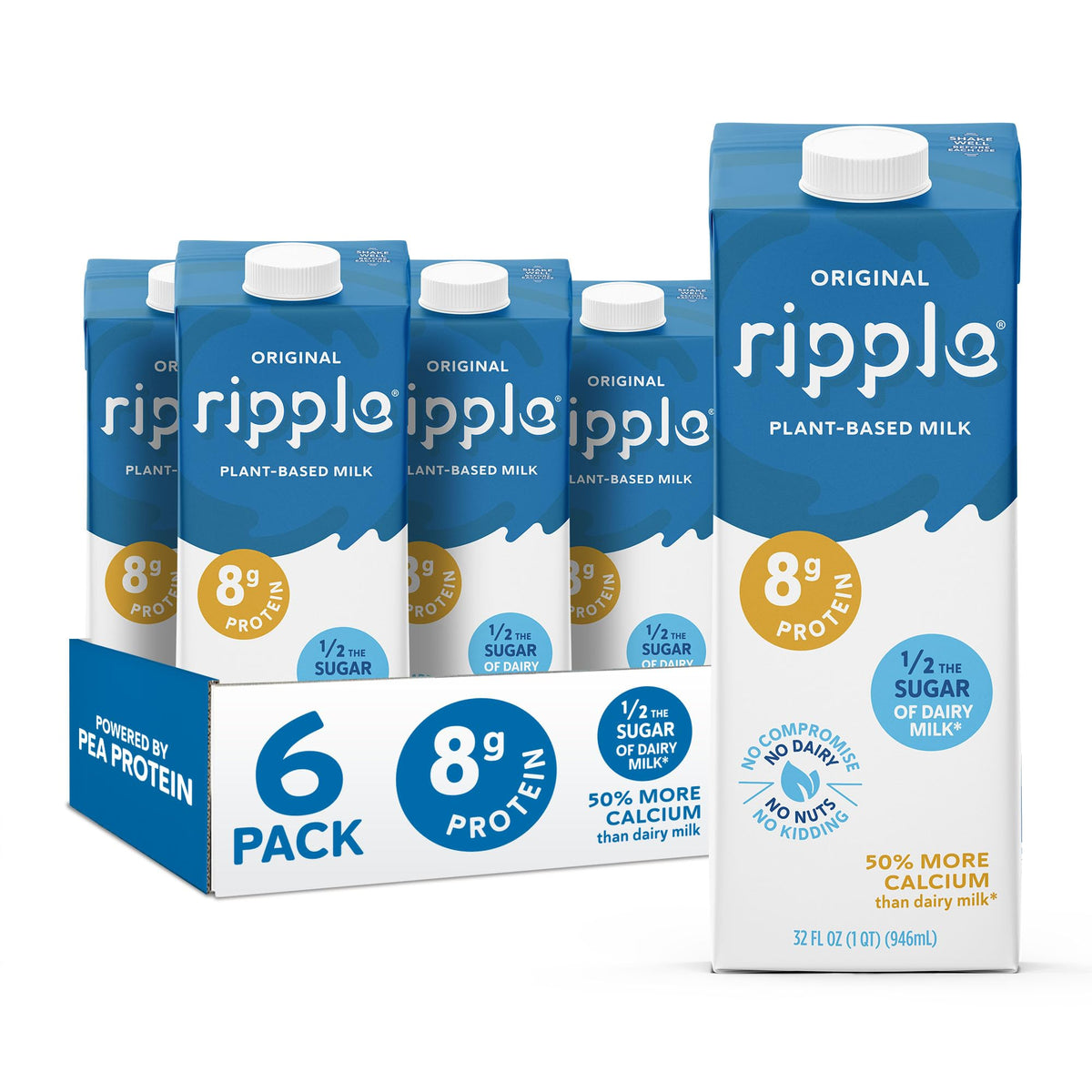 Ripple Original Plant Based Milk pours smoothly, highlighting 8g pea protein per serving.