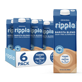 Ripple plant-based milk bottle on pantry shelf, convenient shelf-stable option.