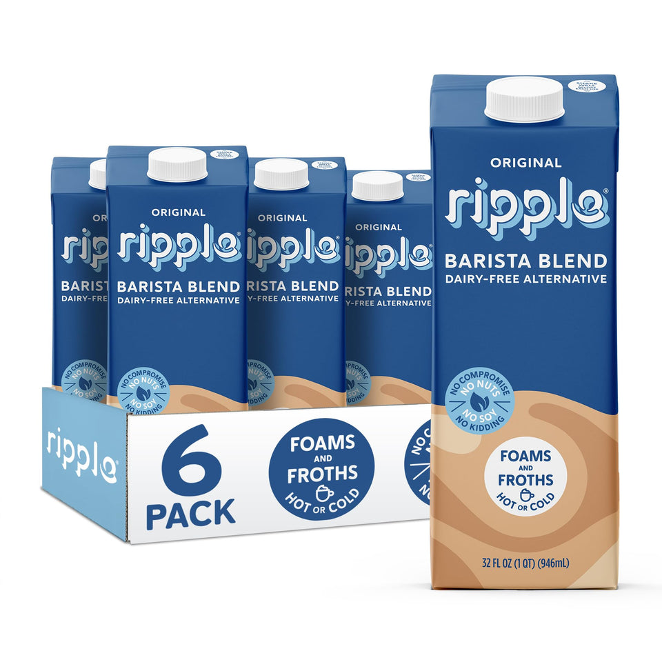 Ripple plant-based milk bottle on pantry shelf, convenient shelf-stable option.