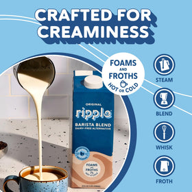 Ripple plant-based milk nutrition label highlights 8g protein and calcium benefits.