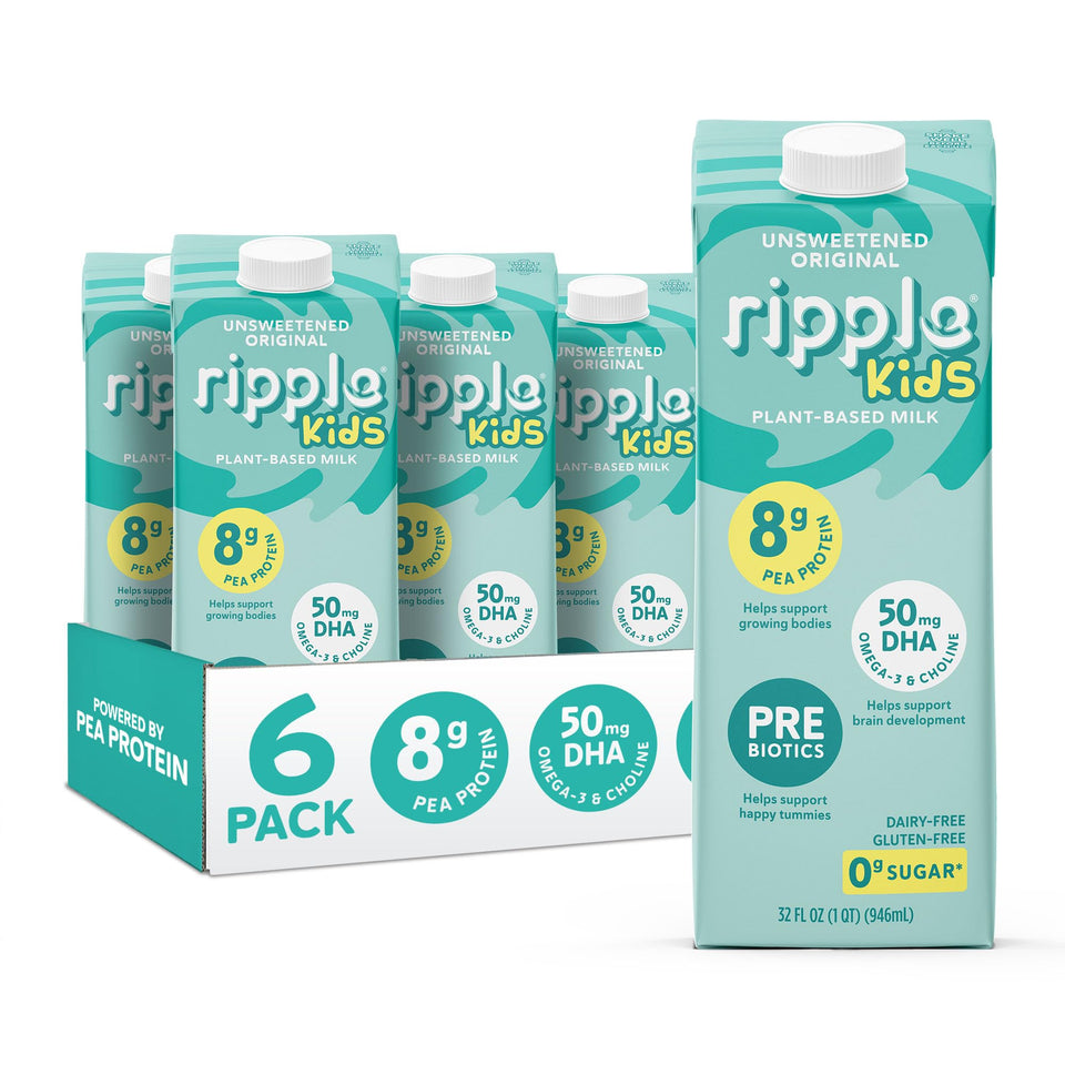 Ripple plant-based milk bottle front with 8g protein per serving