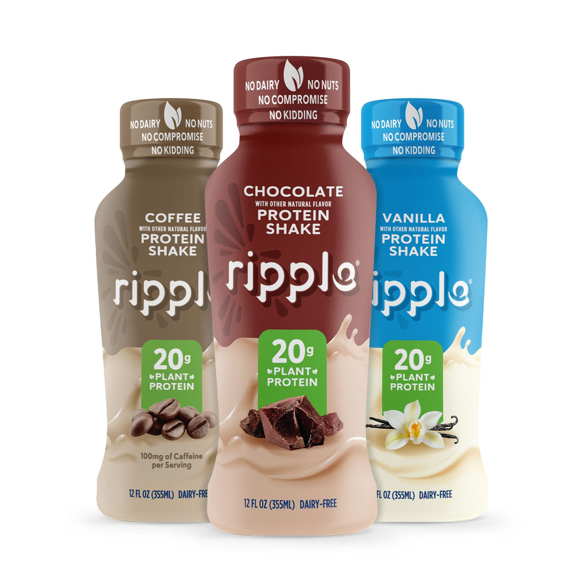 Ripple plant-based shake bottle front label highlighting 20g pea protein.