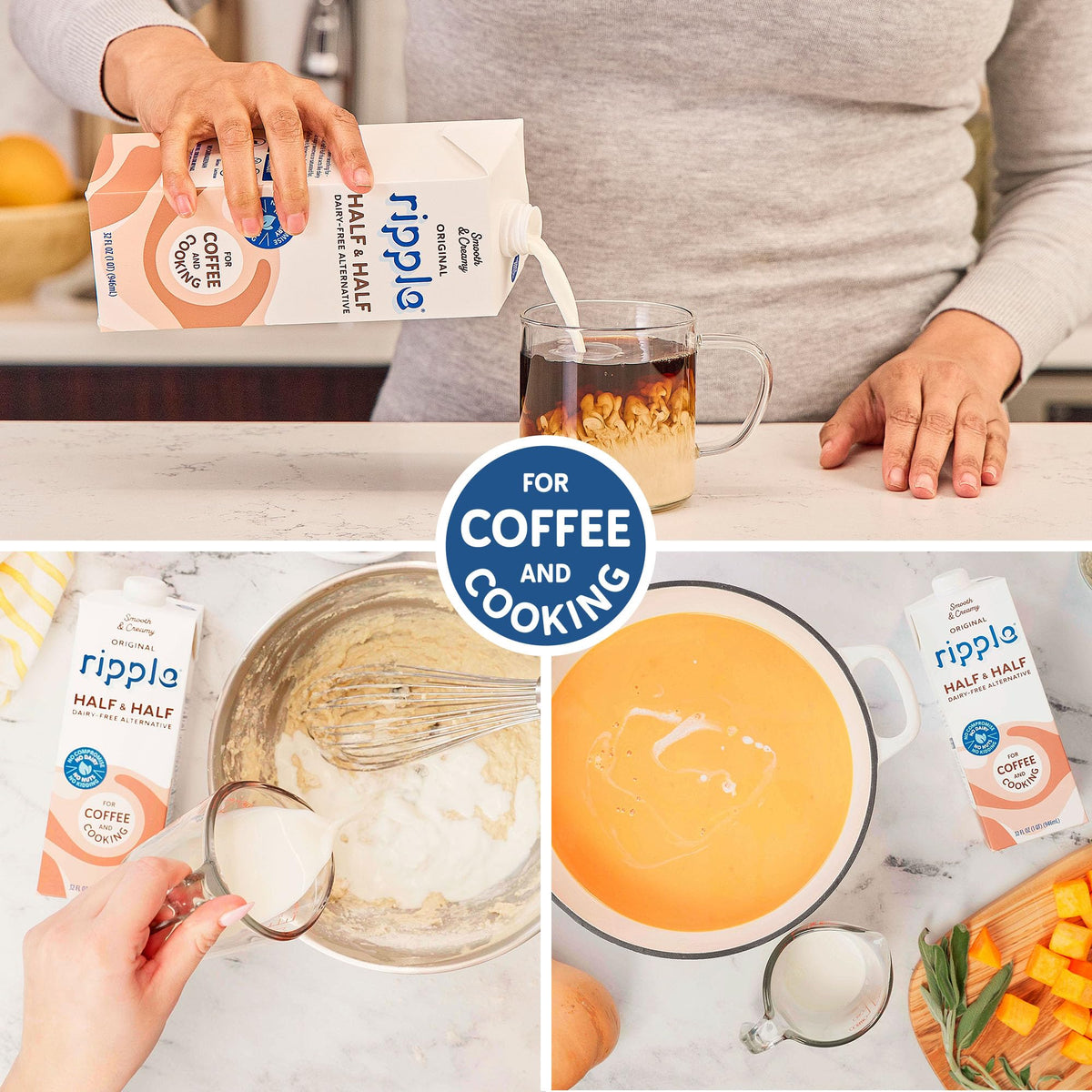 Ripple bottle pouring into glass: creamy texture without dairy.
