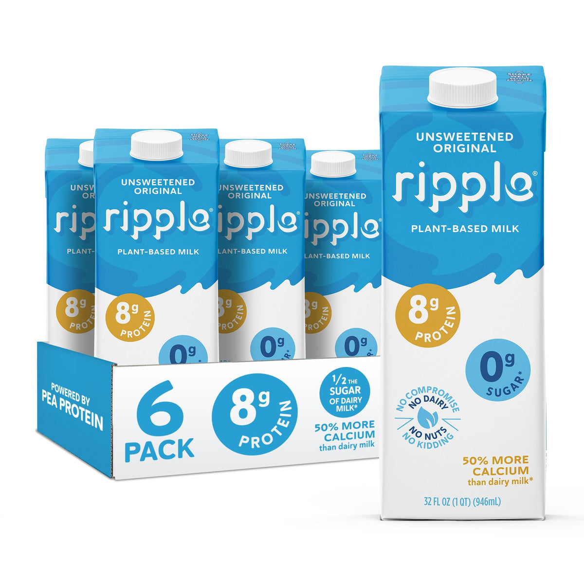 Ripple Unsweetened Original Milk bottle on pantry shelf, dairy-free staple.