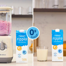 Ripple Unsweetened Original Milk label shows vegan, non-GMO, gluten-free attributes.