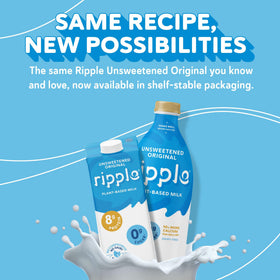 Ripple Unsweetened Original Milk carton, shelf-stable packaging for pantry convenience.