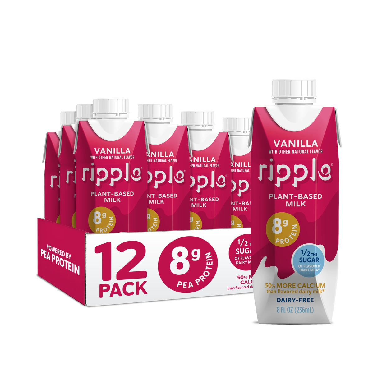 Ripple Vanilla Non-Dairy Milk front carton, convenient grab-and-go protein for busy mornings.