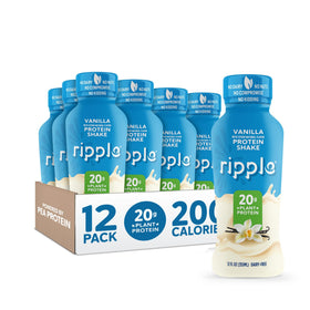 Ripple Vanilla plant-based shake bottle front shows creamy texture and vegan protein