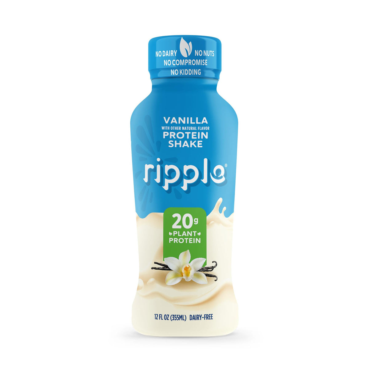 Ripple Vanilla plant-based shake bottle side highlights 20 g pea protein per serving