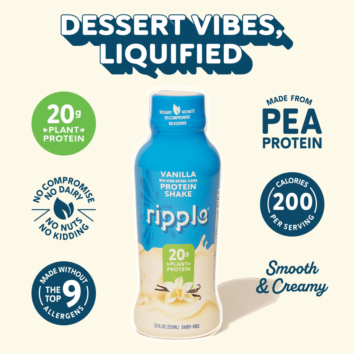 Ripple Vanilla shake label displays vegan, non-GMO, allergen-free credentials